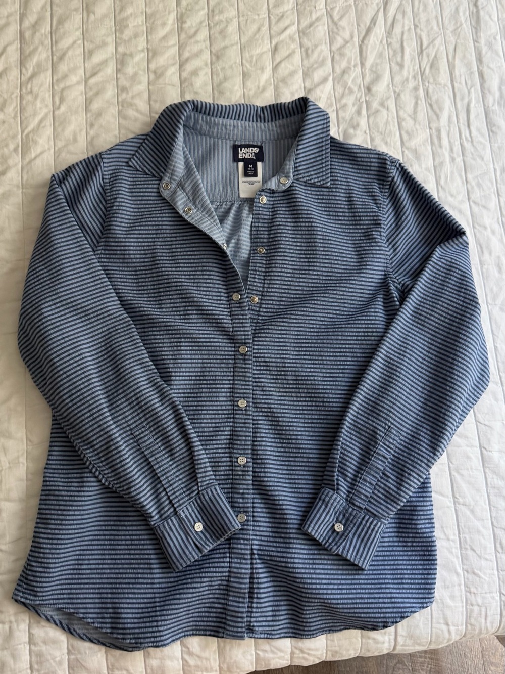 Lands' End Women's Blue Striped Button-Down Shirt